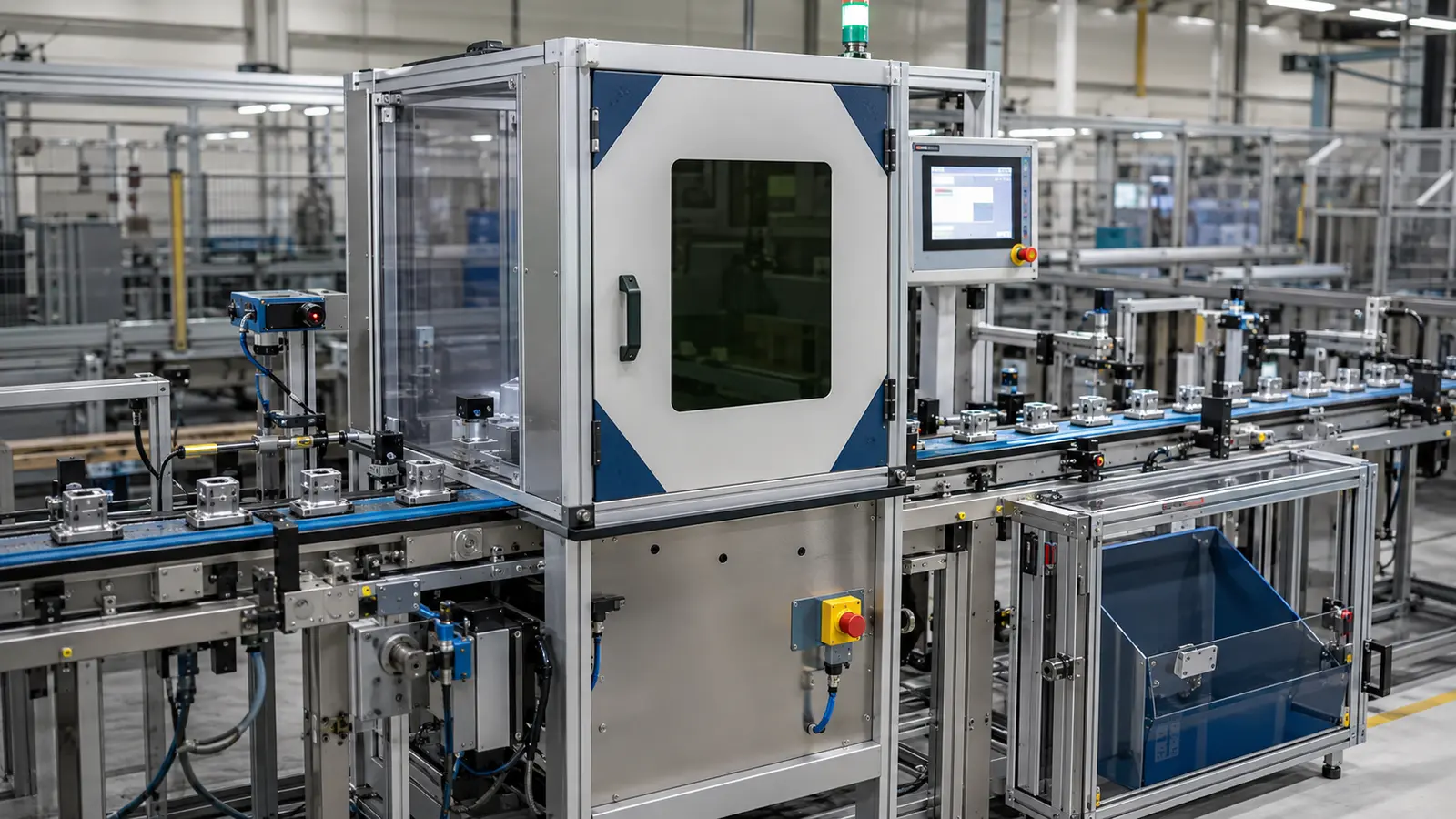 Machine enclosure and control screen beside a conveyor carrying metal components.